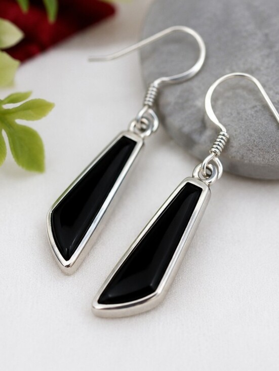 Jewelry - Vintage 925 Sterling Silver Genuine Black Onyx Dangle Earrings Minimalist